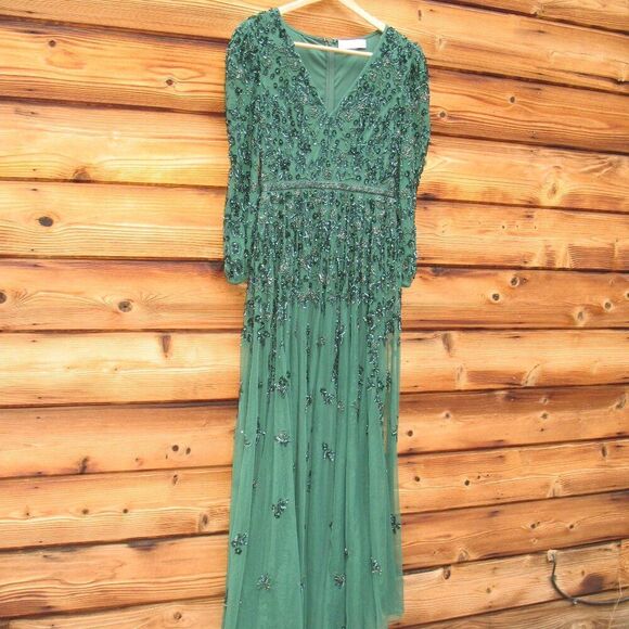 Mac Duggal 5497  Womens Green Embellished V Neck 3/4 Sleeve A Line Gown Regular - Picture 6 of 13